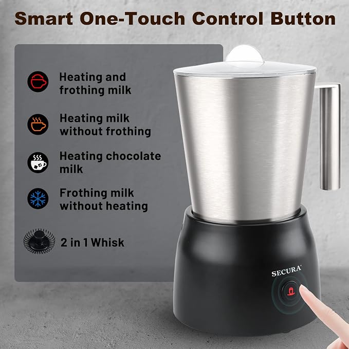 Secura Detachable Milk Frother, 17oz Electric Milk Steamer Stainless Steel, Automatic Hot/Cold Foam and Hot Chocolate Maker with 2 in 1 Function Whisks (Upgraded) | Stainless Steel Jug, Teflon & BPA-Free Design, Dishwasher-Safe, 4-in-1 Foam Maker, Hot ...
