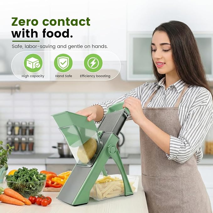 4-in-1 Mandoline Slicer Vegetable Chopper with Adjustable Blades | vegetable slicer with adjustable thickness, julienne, dicer and fry cutter functions, with foldable design and container