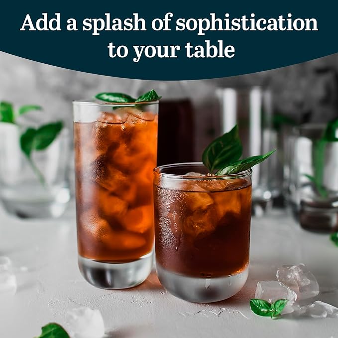 Polaris Tumbler & Rocks Drinking Glasses Set of 16, Clear Glass Cups | 16.25 oz and 12.25 oz Capacities for Water, Juice, Cocktails, and More with Dishwasher-Safe Convenience for Easy Cleanup
