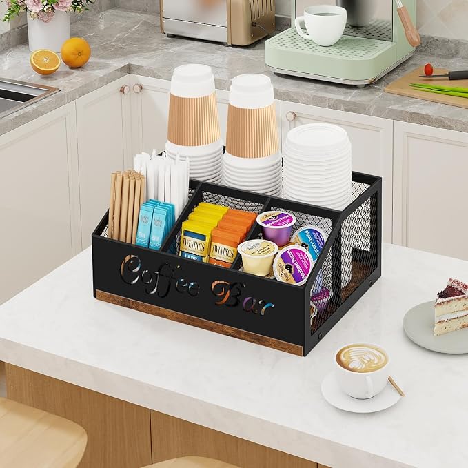 Coffee Station Organizer for Countertop, Coffee Bar Organizer | Wooden Coffee Organizer Station , Cup Condiment Holder , Sugar Creamer Caddy with Mesh Compartments for Pods, K Cups, Stirrer