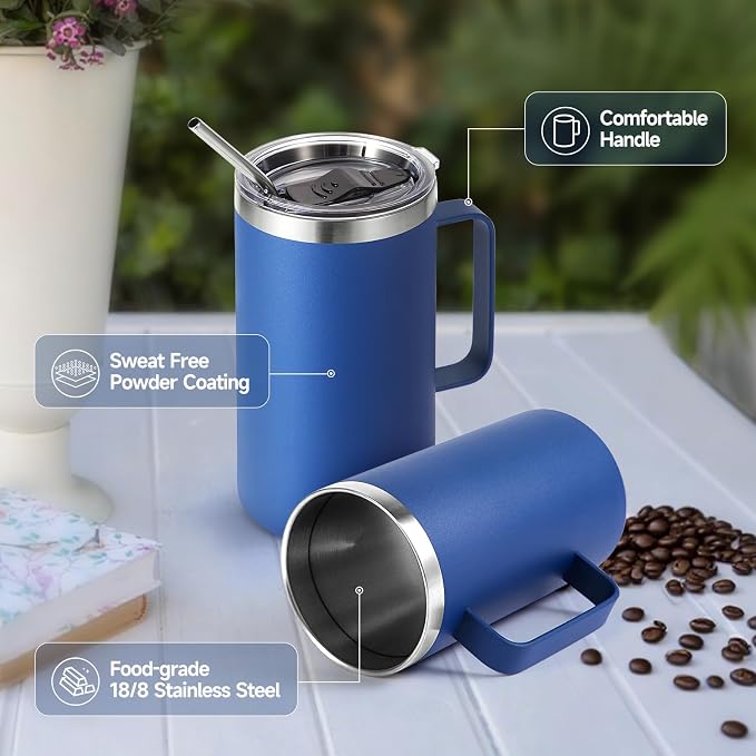 Volhoply 22oz Insulated Stainless Steel Coffee Mug with Leakproof Lid,Double Wall Vacuum Travel Coffee Cup with Handle,Reusable Metal Tumbler,Camping Mugs Keep Hot&Cold(Blue,1)