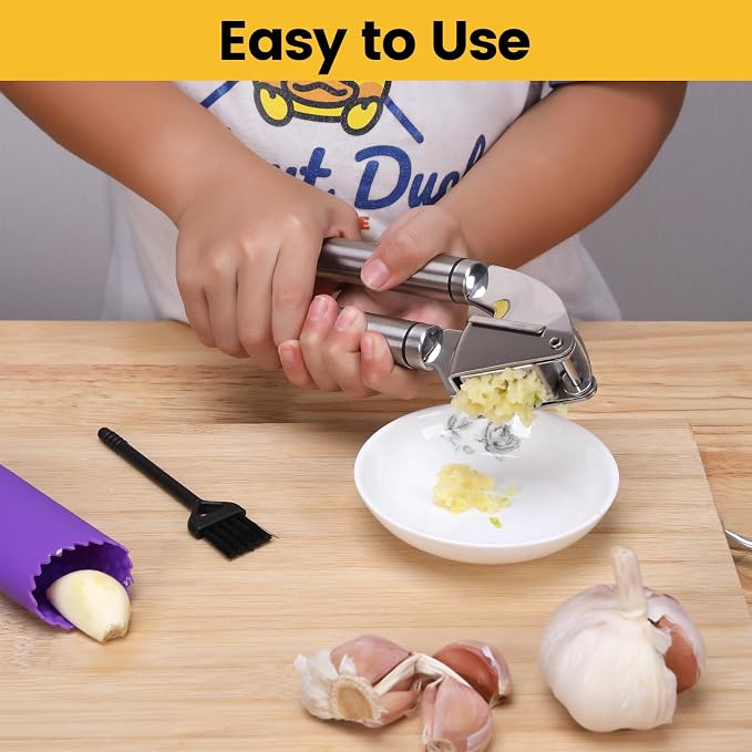 BURLIHOME Stainless Steel Garlic Press Mincer,Heavy-Duty,Purple Peeler Tube | Metal Ginger Press,Strong Squeeze,Mince Garlic & Ginger,Dishwasher Safe,Kitchen Essential,Meal Prep Tool,Easy Clean,Silver
