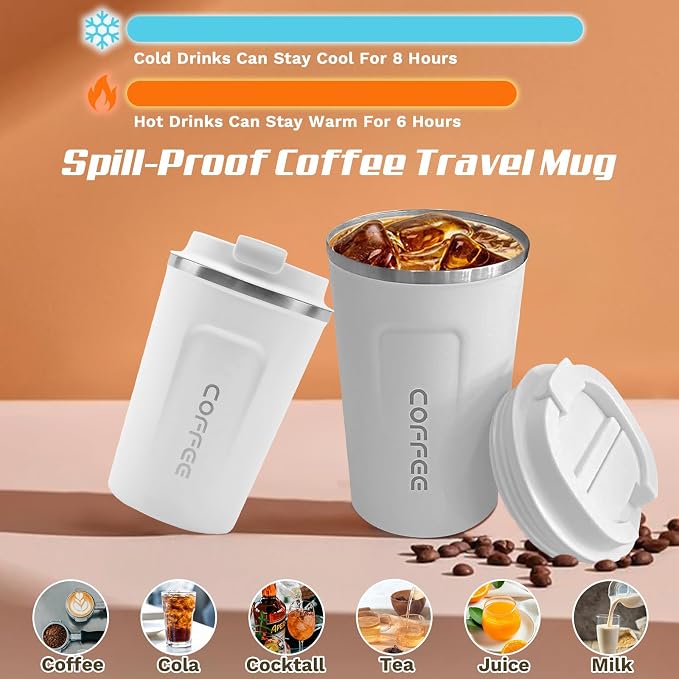 SPLMIFA Travel Coffee Mugs Leak-Proof, Reusable Coffee Cups with Lids, Stainless Steel Vacuum Insulated Coffee Tumblers, Thermal Insulation Cups for Men and Women Hot & Cold Drinks(2nd-White, 17OZ)