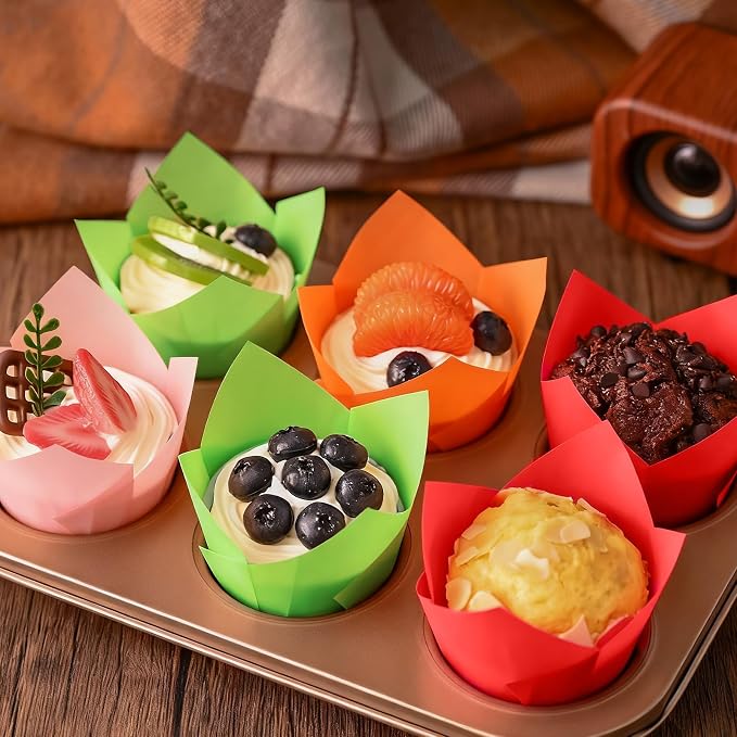 120 Counts Colorful Tulip Cupcake Liners for Baking Cups, Food Grade Parchment Paper Muffin Liners Holders, Standard Tulip Cupcake Liners, Greaseproof Cup Cake Wrappers for Party, Christmas, Neyimqr