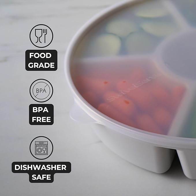 Heavy-Duty Divided Serving Tray with Leakproof Lid - 6 Divided Compartments to Serve & Store Food, Fruit Tray, Veggie Tray, Party Platters - Made In USA (White Tray/Clear Lid)