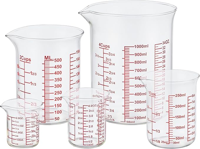 Ackers High Borosilicate Glass Measuring Cup Set with Pour Spout,60ml(2OZ),120ml(4OZ), 250ml(8OZ), 500ml(16OZ), 1000ml(32OZ) Glass Measuring Beaker for Kitchen or Restaurant, Easy to Read