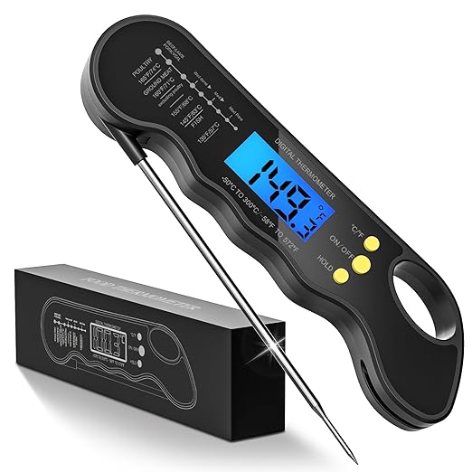 Instant Read Meat Thermometer, Accurate and Fast Digital Food Thermometer with Waterproof, Magnet, Backlight for Cooking, Baking, BBQ, Smoker, Grilling, Candy Making (Black)