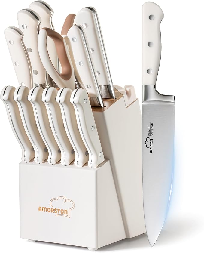 Knife Set, Kitchen Knives Set with Block and Sharpener 14 Pcs Full Tang Knives German Stainless Steel Dishwasher Safe Kitchen Utensils Set with Ergonomic Handle Gifts for Women