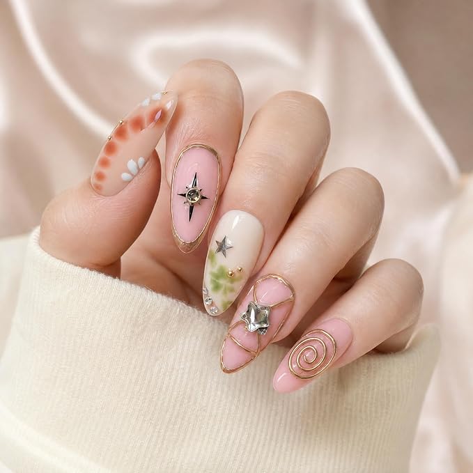 10Pcs Medium Almond Handmade Press on Nails Rhinestone & Golden Steel Ball Deisgns Salon Quality False Nails Y2K Fake Nails with 3D Star, Gold Embossed Accents Summer French Tip Stick on Nail (M)