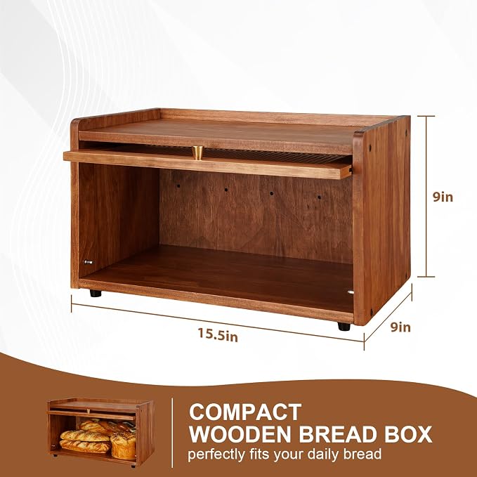 Wooden Bread Box for Kitchen Countertop, Daily Bread Storage for Clutter-Free Counters, Flat Top Bread Holder with Acrylic Door, Brown