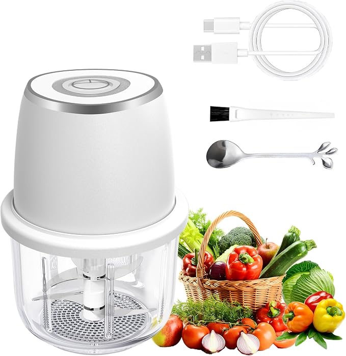 Electric Garlic Chopper With Glass Bowl Cordless Mini Food Processor（White） | BPA-Free Glass Bowl 6-Blade Cutting Cordless & USB Rechargeabl Garlic Chopper Mini Chopper for Onion Herb Nut Easy to Clean