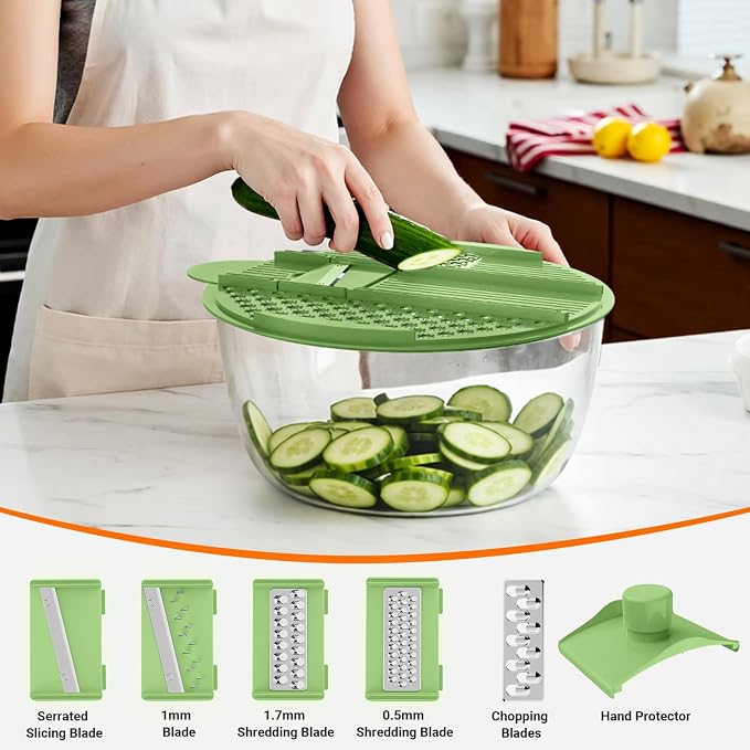 Salad Spinner Lettuce Spinner with Drainage Holes, 5 Chopping Blades, Green | 5.3 QT Large High Efficiency Fruit Vegetable Washer Dryer, Easy Press Kitchen Tool for Leafy Vegetables