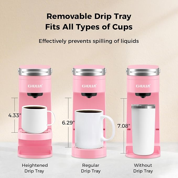 CHULUX Slim Single Serve Coffee Maker for K Cup Pod for Small Spaces, Pink | Fast-Heating Boiler System, 4-Hole Needle for Richer Flavor, Adjustable Drip Tray for 7.3" Travel Mug, Food Grade Material