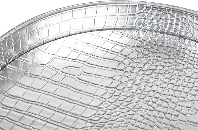 HofferRuffer Faux Leather Round Serving Tray, Vegan Croco Leather Decorative Tray, Food Tray for Storage Drinks, Snack & Cosmetics, Dia.12'' x 1.6'' (Silver)