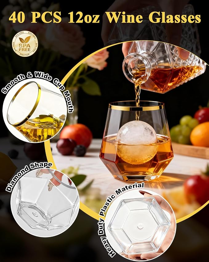 BESTSTAR 40 PCS Clear & Gold Rim 12 Oz Diamond Plastic Wine Whiskey Glasses | Stemless Unbreakable Disposable Wine Glasses for Party,Ideal for Beach Holidays,Halloween, Christmas, Weddings,Daily Use