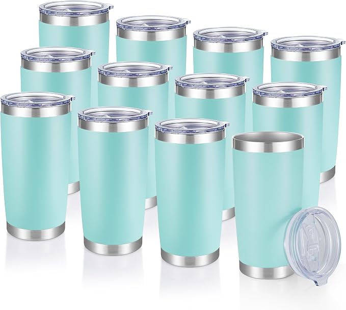 20 oz Tumblers Bulk Stainless Steel Tumbler with Lid, 12 Pack | Turquoise, 20oz Insulated Coffee Mug, Double Wall Vacuum, Powder Coated Cup, for Hot and Cold Drinks