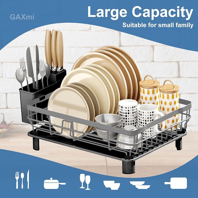 GAXmi Dish Drying Rack with Drainboard for Kitchen Countertop 1-Tier Grey | With utensil holder, Over the sink, Quick drainage, Space-saving, Large capacity