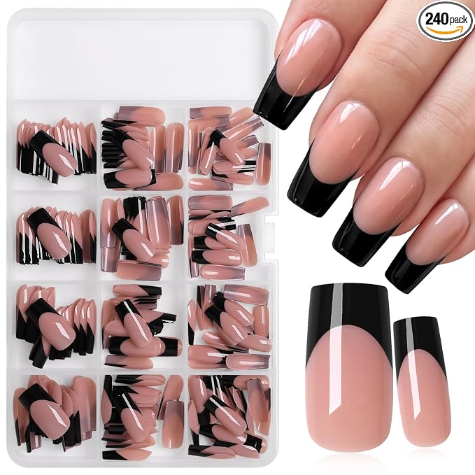 240pc Black French Tip Press on Nails Medium Square Acrylic Nail, Coffee Press ons Fake Nails with Glue & Tabs, 12 Sizes Glue on Nails Medium Press-on Nail Square Stick on Nail for Women Manicure