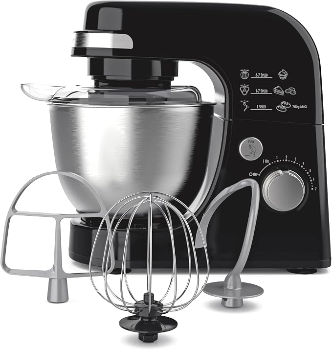 Hamilton Beach 4 Quart Electric Stand Mixer With 7 Speeds | Planetary Mixing For Full Bowl Coverage | Splash Guard | 300 Watts | Whisk, Flat Beater, Dough Hook | Black