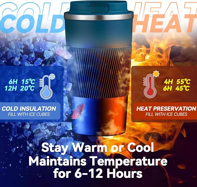 12OZ Travel Coffee Mug Insulated Coffee Cup with Spill Leak Proof Lid, Portable Stainless Steel Tumbler Reusable Hot and Cold Water Mug for Car, Daily, Camping- Blue