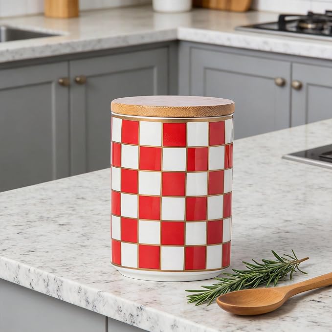 Kitchen Countertop Ceramic Checkered Canisters,Black And White Food Storage Containers With Lid,Airtight Kitchen Canisters for Flour, Sugar, Coffee, Tea, and Dry Goods (Red, Small)
