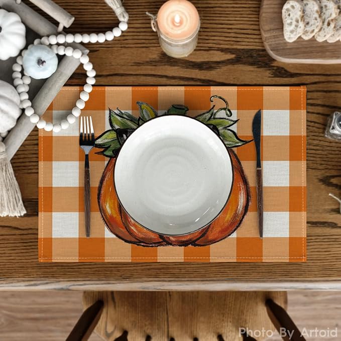 Artoid Mode Buffalo Orange Plaid Pumpkin Fall Placemats Set of 4, 12x18 Inch Seasonal Autumn Table Mats for Party Kitchen Dining Decoration | Heat-Resistant Table Mats, Washable Seasonal Autumn Buffalo Plaid Kitchen Dining Decor