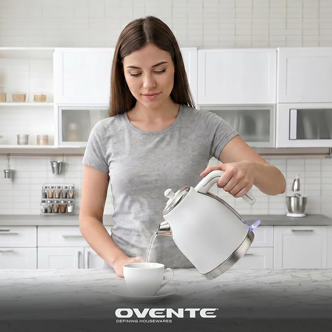 OVENTE 1.7L Stainless Steel Electric Kettle, 1500W Power, White KS777W | Fast Boiling Heater, BPA Free, Cordless Body Design, Auto Shut-Off, Boil-Dry Protection, Indicator Light and Removable Filter