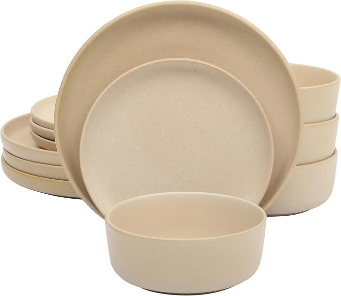 Gibson Elite Pasco 12 Piece (Service for 4) Plates and Bowls Reactive Glaze Dishes Stoneware Ceramic Dinnerware Set - Taupe
