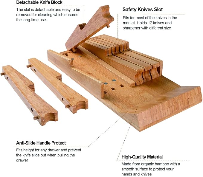 NIUXX Bamboo In-Drawer Knife Block Set for 12 Knives(Not Included) | Large Kitchen Detachable Washable Cutlery Slot Organizer Storage Holder for Sharpening Steel and Cutter