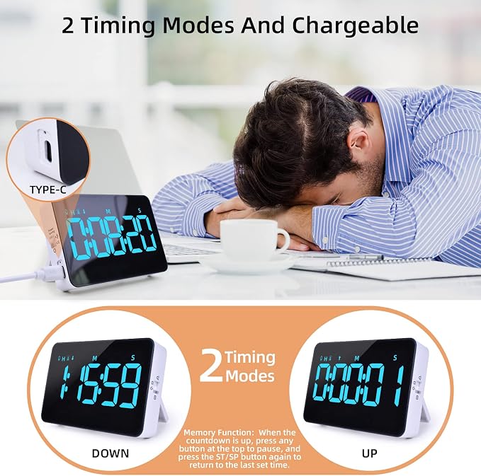 Samshow Rechargeable Digital Kitchen Timer, Ice Blue, 5 Inch | Countdown/Up, 3 Adjustable Brightness, 4 Adjustable Volume , 5" LED Display, Magnetic, For Classroom/Office/Home/Work/Game