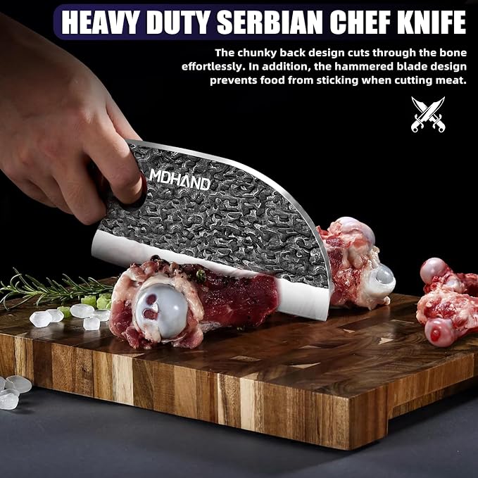 Butcher Knife Set, Hand Forged Serbian Chef Knife Set Gift for Men | High Carbon Steel 8PCS Kitchen Knife Set with Sharpener, Ergonomic Handle, Meat Cleaver Knife for Kitchen Outdoor Cooking BBQ