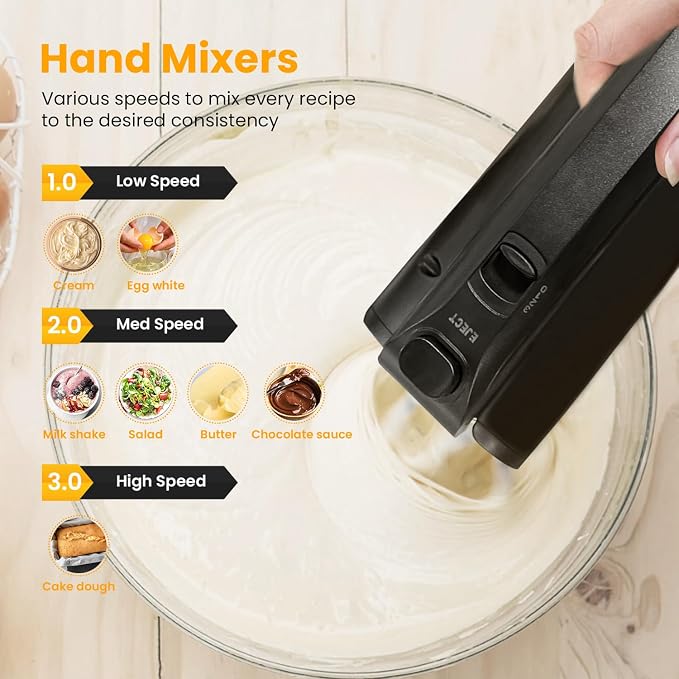Cordless Hand Mixer, 3 Speed Rechargeable Hand Mixers Electric, Type-C Charging Cable Dual-head Whisk for Whipping Mixing Egg, Cake Dough, Mashed Potatoes and More