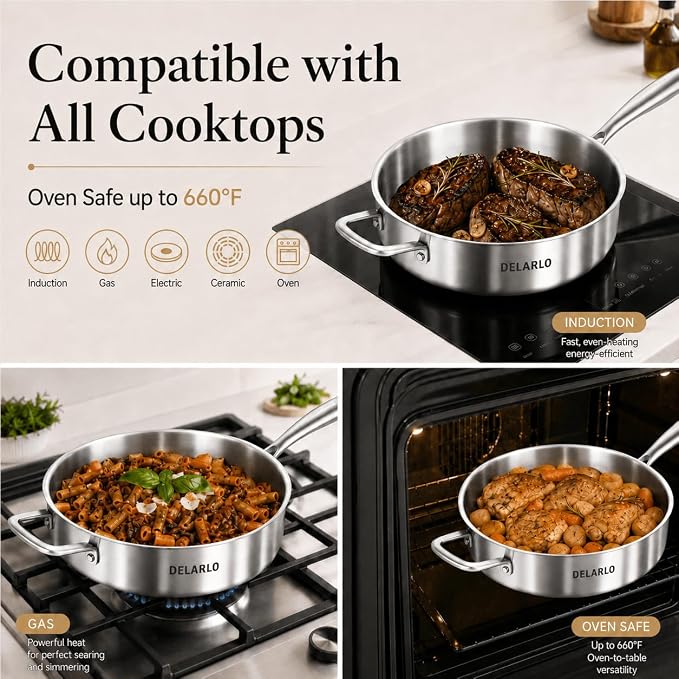DELARLO Tri-Ply Stainless Steel Frying Pan,12 inch Skillet with Lid,6 Quart Saute Pan,Compatible with All Cooktops,Oven Up to 660℉,Chicken Fryer,Dishwasher-Friendly