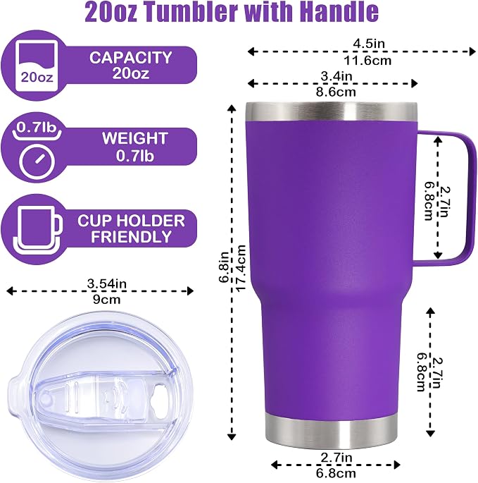20 oz Tumbler with Handle Coffee Tumblers with Lid Travel Mug Purple 1P | 20oz Tumblers with Handle Double-Wall Insulated Vacuum Coffee Mugs Stainless Steel Tumbler with Handles&Lid Purple 1P