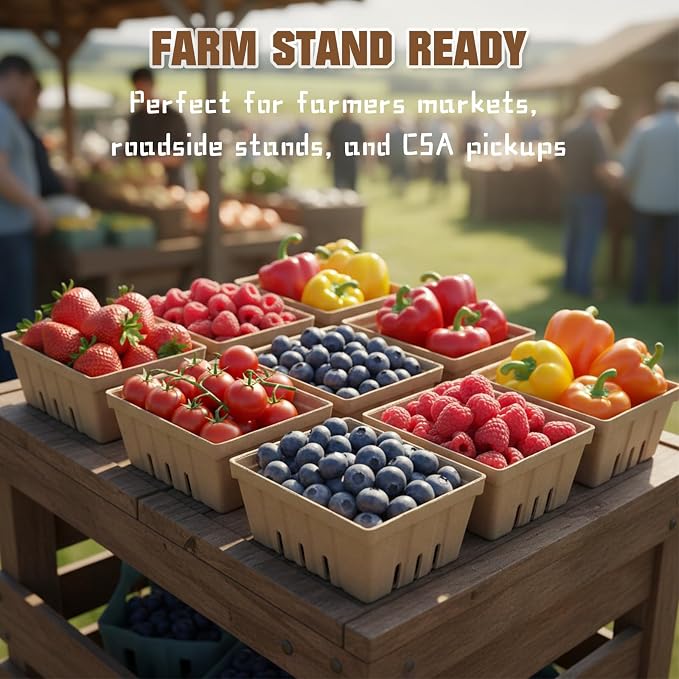Natural Pulp Fiber Berry Baskets, 20 Pack 1-Quart (2 Pint) Large Vented Produce Containers for Fruits, Veggies & Berries, Farm Stand, Farmer Market, Garden Harvest & Party Favors