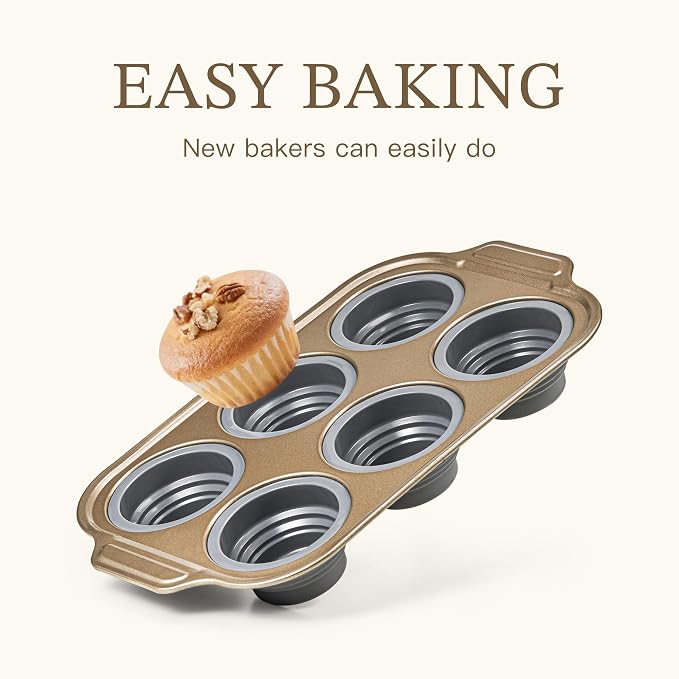 2-Pack Foldable Nonstick Silicone Baking Pans, 6 Cups for Baking Muffins, Egg Bite, Brownies. Easy to pop and clean. Dishwasher Safe BPA Free.