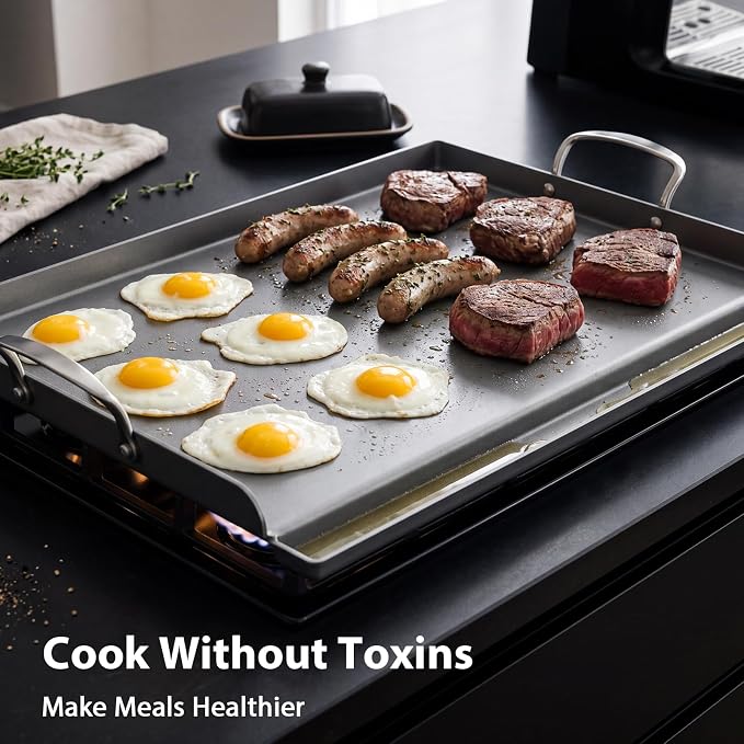Utheer Cast Iron Griddle for Gas Grill, 25 x 16 Inch Flat Top Plate | Large cooking surface with removable handles, ideal for burgers, steaks, vegetables, camping and tailgating