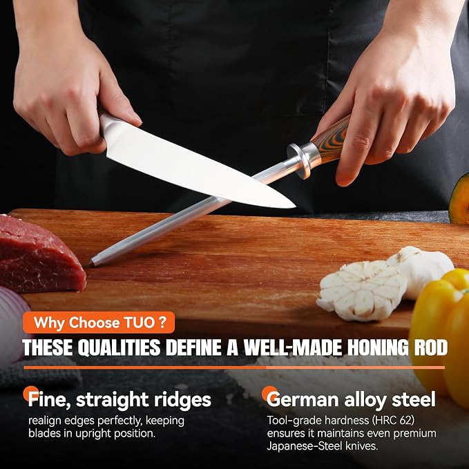 TUO Honing Rod, Sharpening Steel with Larger Diameter for Kitchen Knife Daily Honing Maintenance, High Carbon Steel 8" Knife Sharpener Rod, Ergonomic Handle