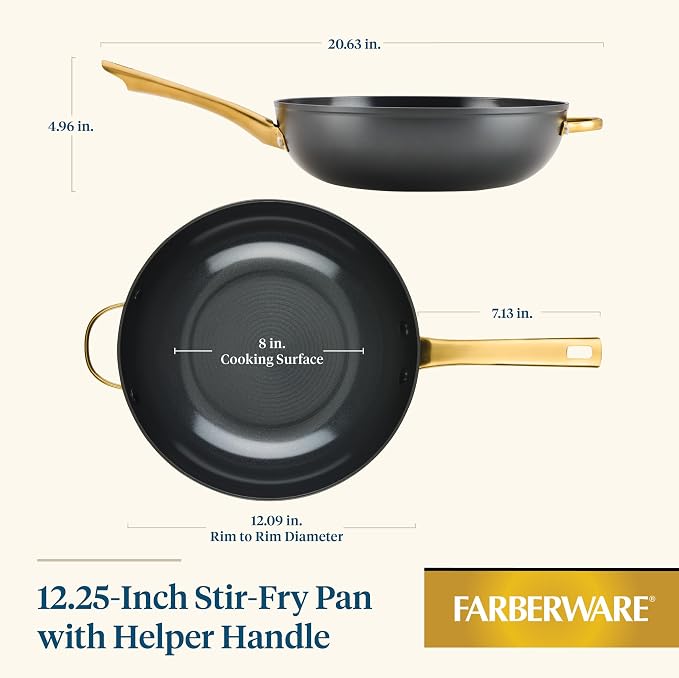 Farberware Forged Induction Ceramic Nonstick Stir-Fry Pan with Helper Handle, Dishwasher Safe, Suitable for All Stovetops, 12.25 Inch Wok Pan - Black