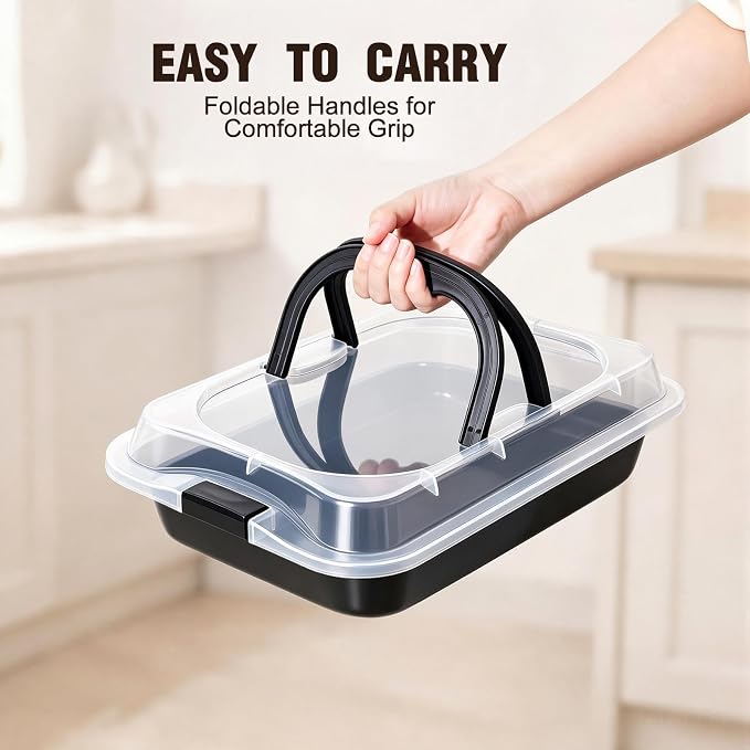 Qinyoung 1 Pcs Black Cake Pan with Lid and Handle, 9 X 13 Inch | Non-stick, Rectangle Sheet Cake Pan, Covered Carrier, Brownie Roasting, Cooking, Baking