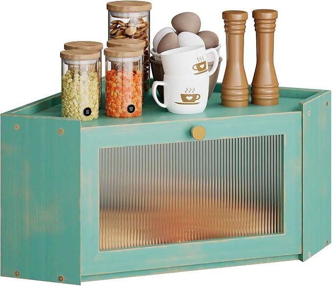 Trironsun Corner Bamboo Bread Box for Kitchen Counter Large Capacity Rustic Bread Storage Container with Wavy Arcylic Transparent Door Vintage Storage for Homemade Bread (Antique Blue)