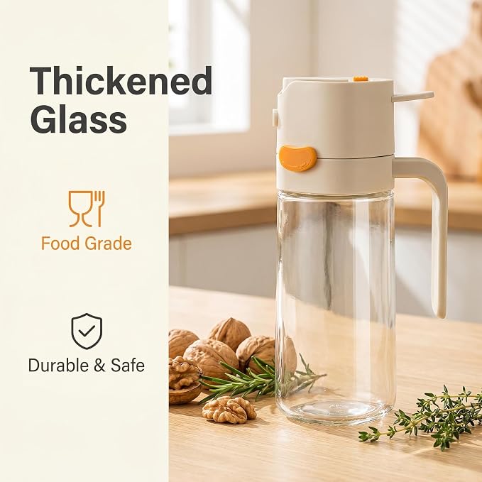 2-in-1 Glass Olive Oil Sprayer & Dispenser 530ml for Cooking | 2-in-1 Glass Oil Sprayer & Dispenser for Cooking, Food Grade Olive Oil Spray Bottle, Leakproof Auto Flip Cap