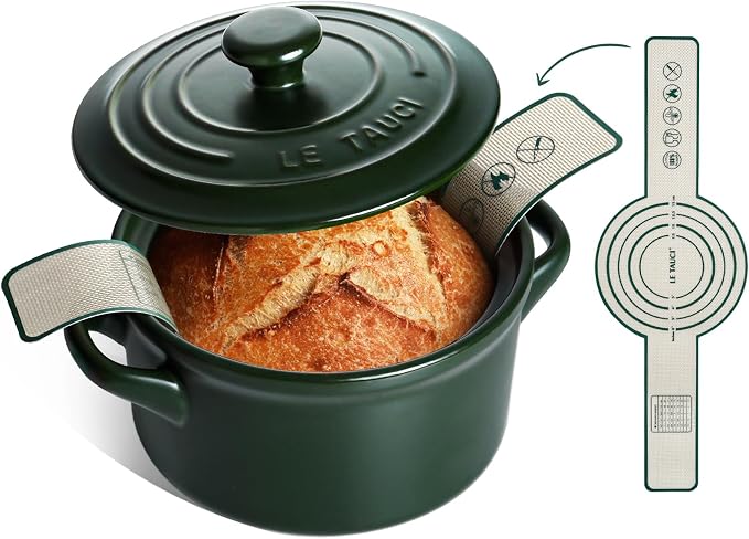 LE TAUCI 3 QT Ceramic Bread Baker with Lid for Sourdough, Covered Bread Baking Pot with Natural Steam Retention, Oven Safe to 500°F, Silicone Bread Sling Included, Forest Green