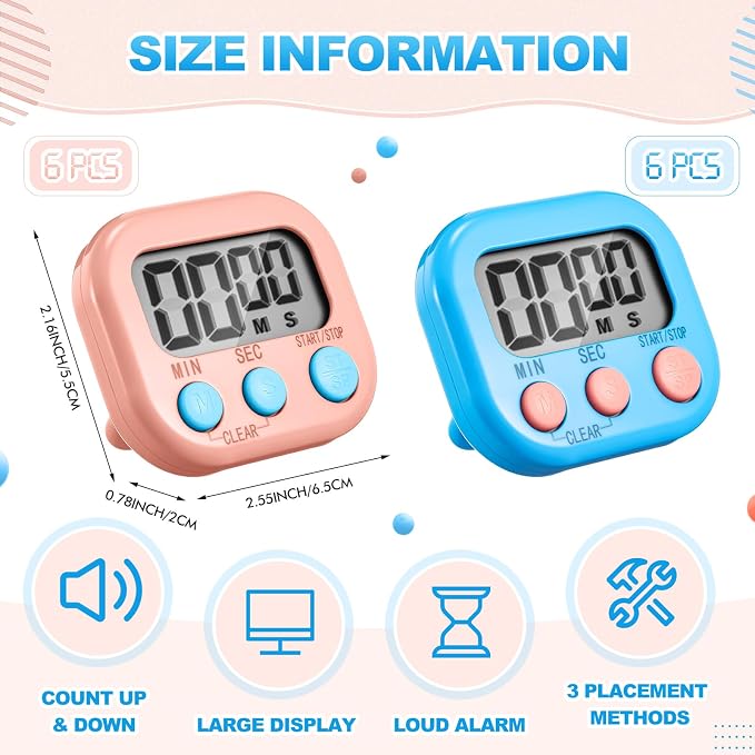 Xuhal 12 Pieces Digital Kitchen Timer Bulk, Small Magnetic Timers for Classroom, Digits Stopwatch Clock Timer for Cooking Baking Sports Games Office, Not Including Battery (Pink,Blue)