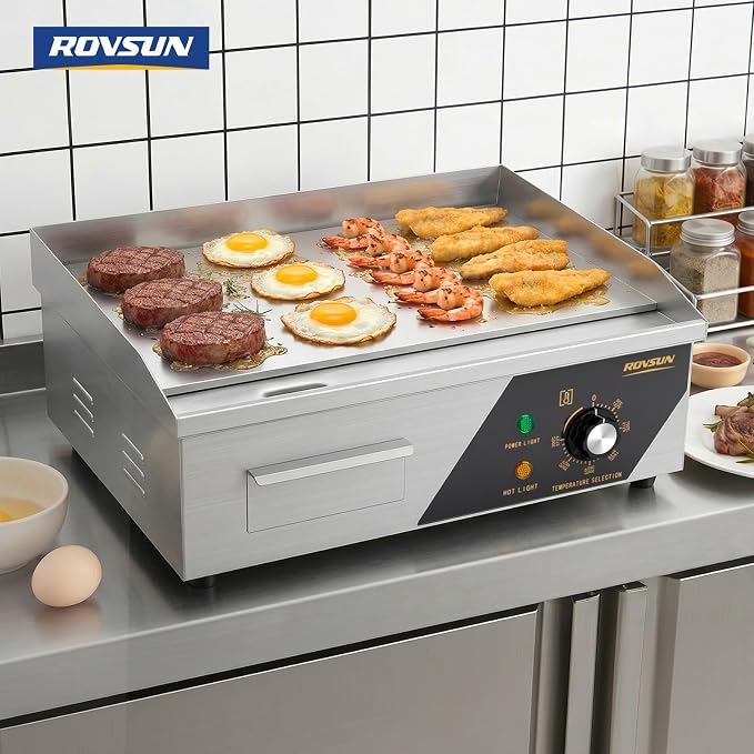 ROVSUN 18" Electric Countertop Flat Top Griddle, 1500W Electric Griddle, Teppanyaki Grill Stainless Steel with Adjustable Temperature Control 122°F-572°F for Commercial Home Restaurant, Plug