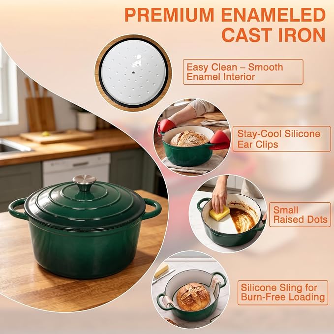 Enameled Cast Iron Dutch Oven Pot with Lid 5.5QT, Sourdough Bread Baking Supplies with Banneton Bread Proofing Basket Set & Starter Jar, Unique Dutch Oven for Bread Baking (Gradient Green)