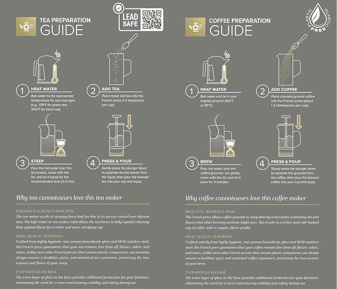 Teabloom Toulouse Borosilicate Glass Tea Press and Coffee Maker with No Plastic, 24-Ounce (700 mL) - Dusk Grey