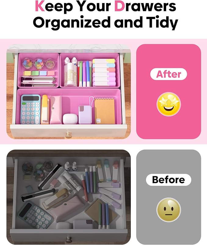 10 Pack Large Size Plastic Drawer Organizers Set, 3 Sizes Desk Drawer Organizer Trays, Storage Bins for Vanity, Makeup, Bathroom, Kitchen Utensils and Office (Pink)
