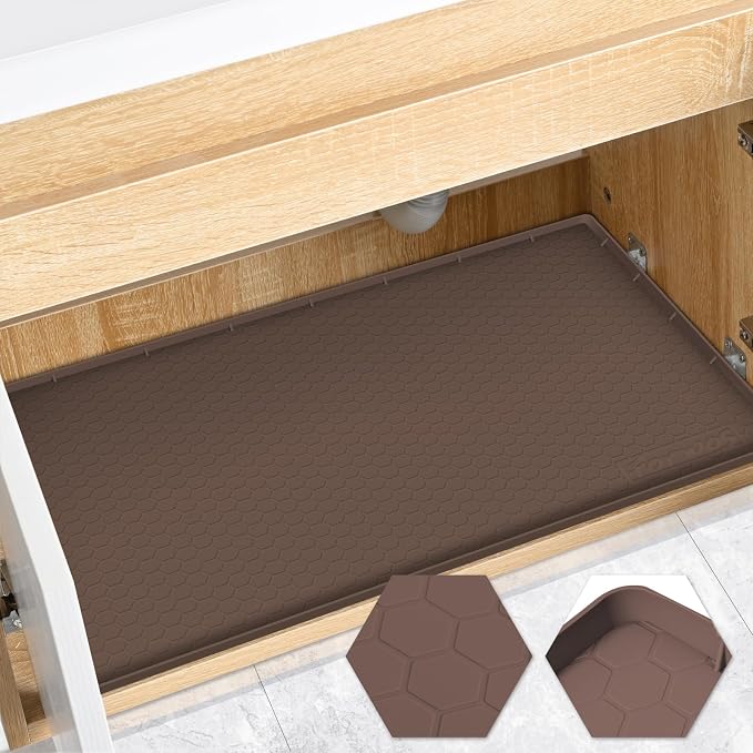 Silicone Under Sink Mat, 34"x22", Waterproof Cabinet Liner, Brown | Shelf Liner, Cabinet Protector, Home Organizer, for Kitchen, Bathroom, Multipurpose, Leak Proof, Easy Clean, Drip Tray, Clean