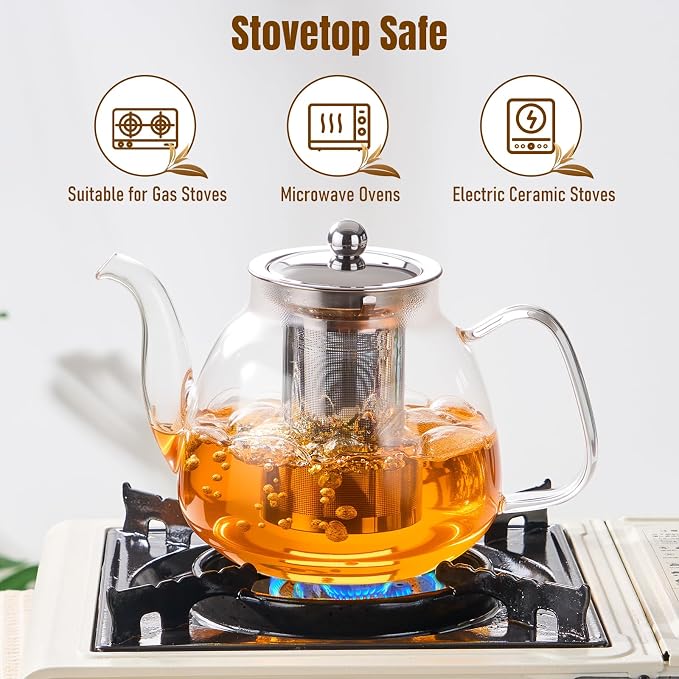 PARACITY Tea Pot with Infuser and Lid, 40 oz Stovetop Glass Kettle, Clear | Borosilicate body has a removable 18/8 stainless steel strainer, wide mouth and eagle-beak spout for loose leaf or blooms